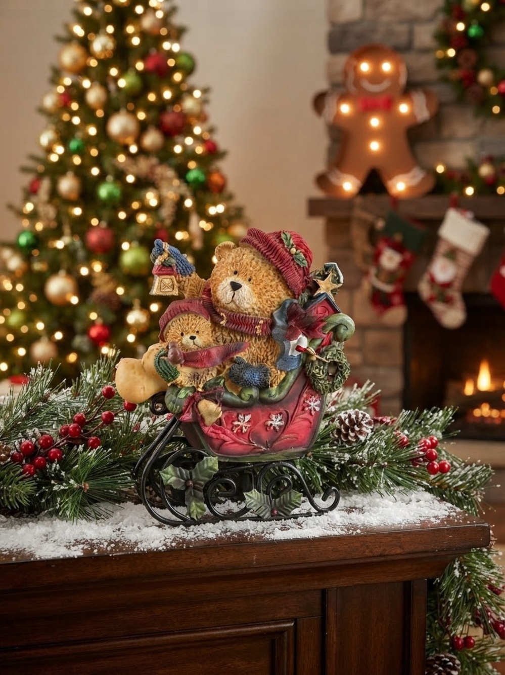 Vintage 90s Christmas Teddy Bear Sleigh Figurine Holiday Decor Collectible